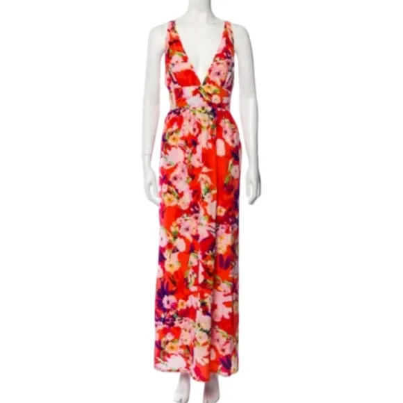 Yumi Kim Floral Maxi Dress Silk Orange Pink Vacation Summer Wedding Guest Small