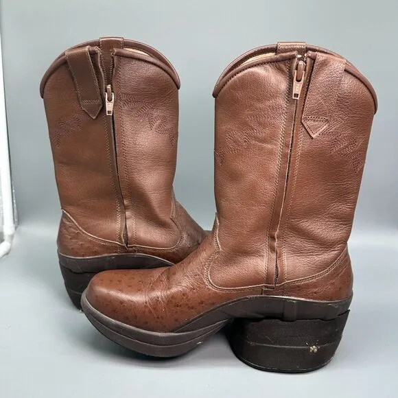 Z-Coil Women's 8 Brown Leather Cowboy Boots Round Toe Pull On Side Zip Western