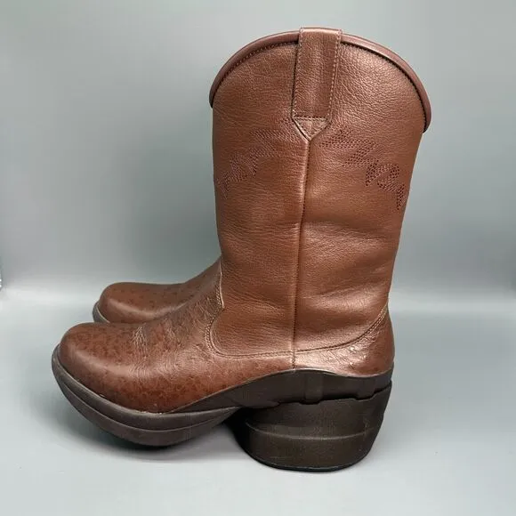 Z-Coil Women's 8 Brown Leather Cowboy Boots Round Toe Pull On Side Zip Western