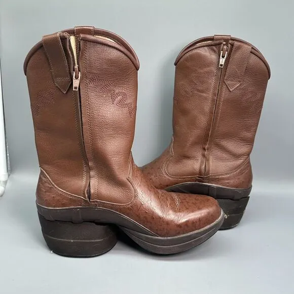 Z-Coil Women's 8 Brown Leather Cowboy Boots Round Toe Pull On Side Zip Western