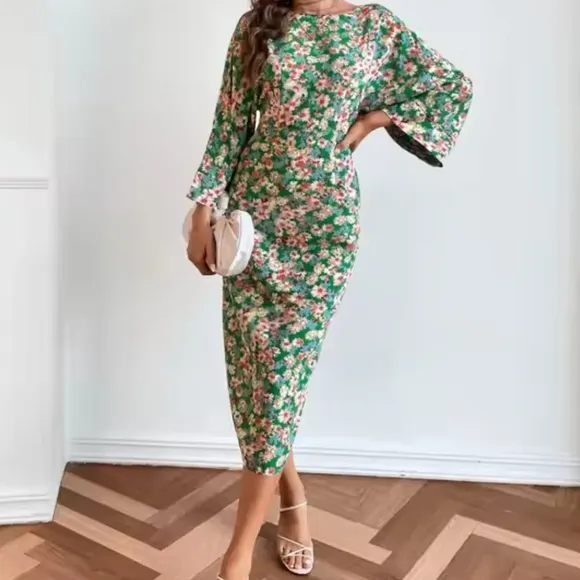 ZARA Blogger’s Favorite Green Floral Midi Dress w Kimono Sleeves - Spring Sz: S