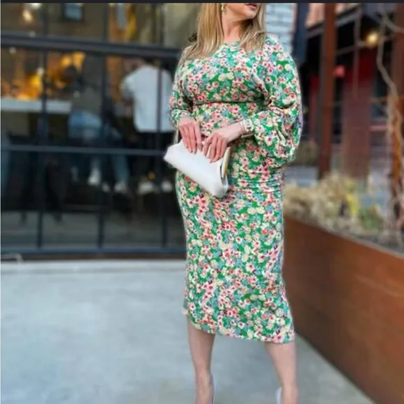 ZARA Blogger’s Favorite Green Floral Midi Dress w Kimono Sleeves - Spring Sz: S