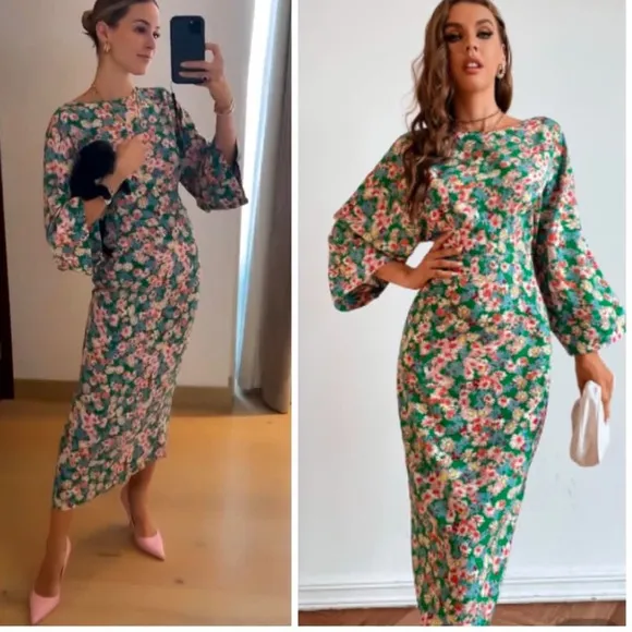 ZARA Blogger’s Favorite Green Floral Midi Dress w Kimono Sleeves - Spring Sz: S