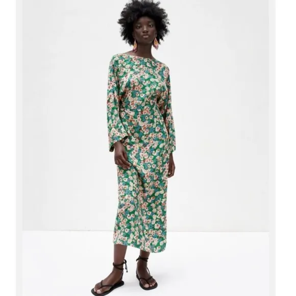 ZARA Blogger’s Favorite Green Floral Midi Dress w Kimono Sleeves - Spring Sz: S