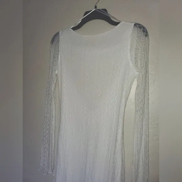 ZARA Open Back White Sheer Stretch Lace Long Sleeve Midi Dress Small