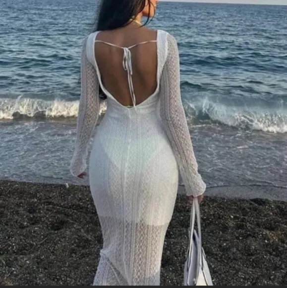 ZARA Open Back White Sheer Stretch Lace Long Sleeve Midi Dress Small