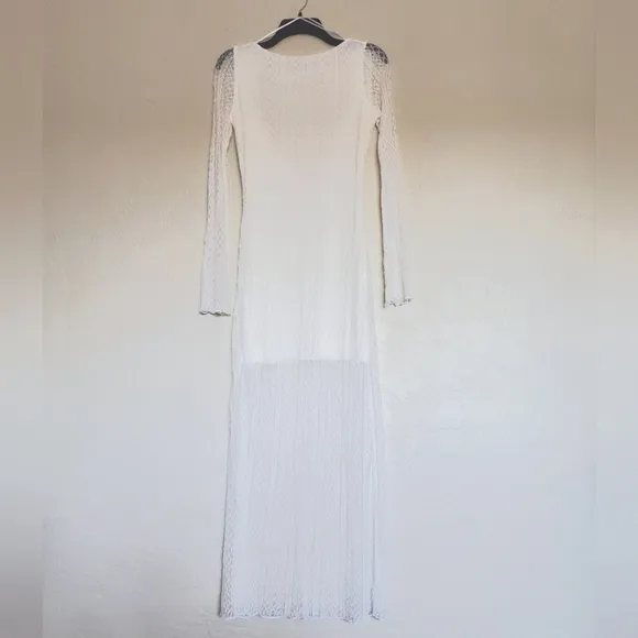 ZARA Open Back White Sheer Stretch Lace Long Sleeve Midi Dress Small