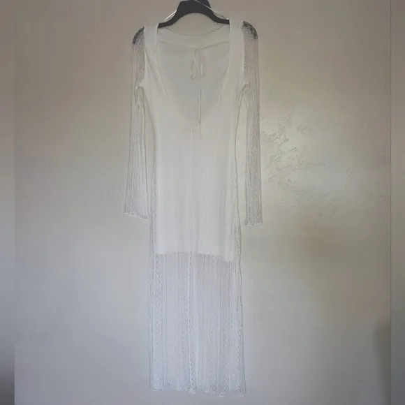 ZARA Open Back White Sheer Stretch Lace Long Sleeve Midi Dress Small