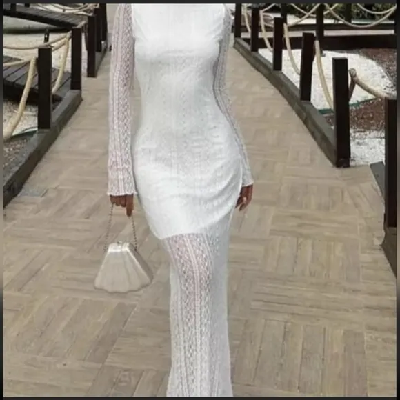 ZARA Open Back White Sheer Stretch Lace Long Sleeve Midi Dress Small