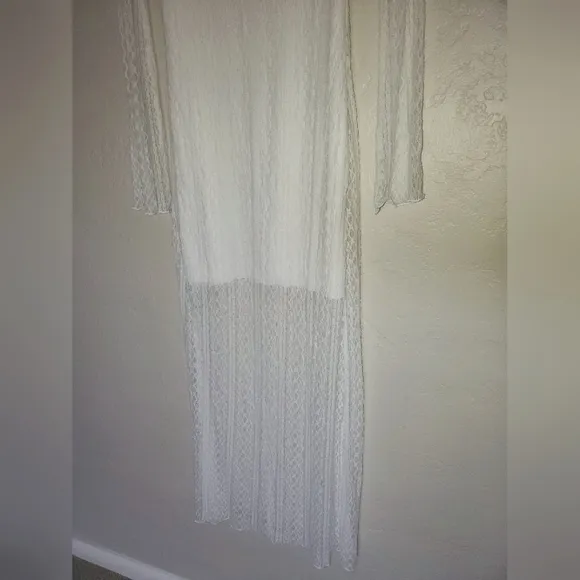 ZARA Open Back White Sheer Stretch Lace Long Sleeve Midi Dress Small