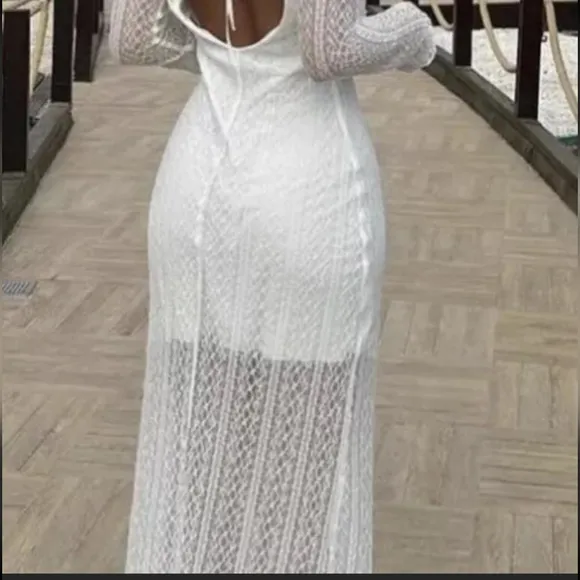 ZARA Open Back White Sheer Stretch Lace Long Sleeve Midi Dress Small