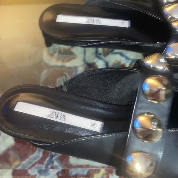ZARA STUDDED POINTED FLATS / MULES BLACK &amp; GOLD