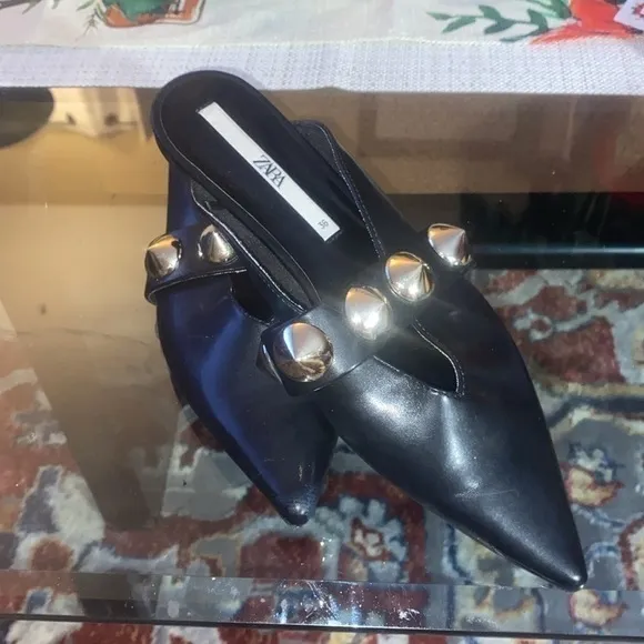 ZARA STUDDED POINTED FLATS / MULES BLACK &amp; GOLD