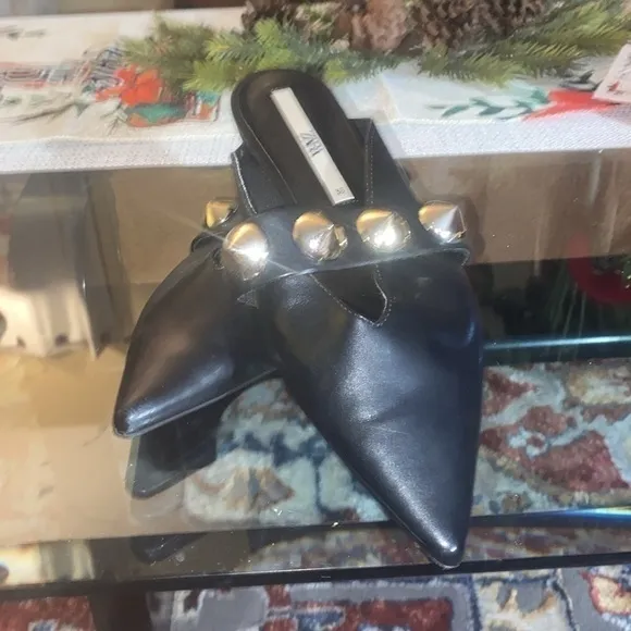 ZARA STUDDED POINTED FLATS / MULES BLACK &amp; GOLD
