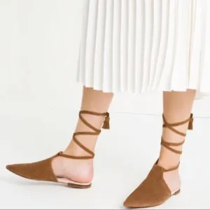 Zara Trafaluc - Suede Lace-up Pointed Toe Flats