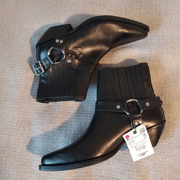 ZARA Women's Black Leather Ankle Western Boots Sz 6