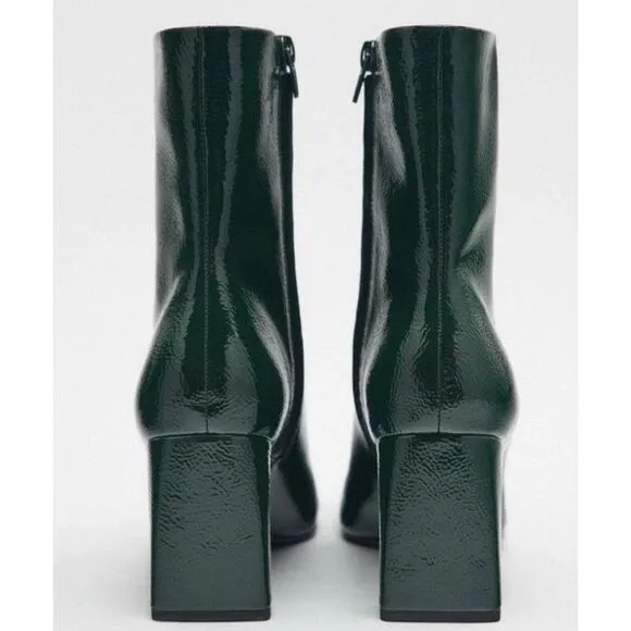 Zara Women's Green Heeled Square Toe Ankle Boots Patent Leather Size US 10 UK 8