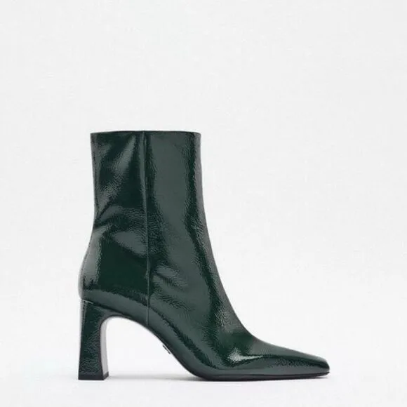Zara Women's Green Heeled Square Toe Ankle Boots Patent Leather Size US 10 UK 8