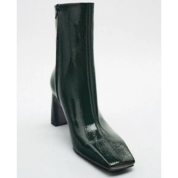 Zara Women's Green Heeled Square Toe Ankle Boots Patent Leather Size US 10 UK 8