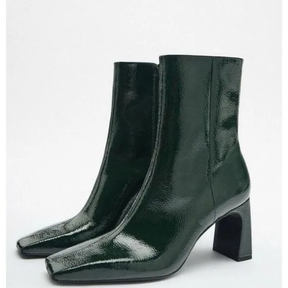 Zara Women's Green Heeled Square Toe Ankle Boots Patent Leather Size US 10 UK 8