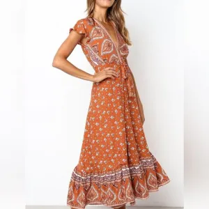 Zesica Boho Medium Dress Wrap Sienna Orange Flutter sleeve Maxi Cottagecore