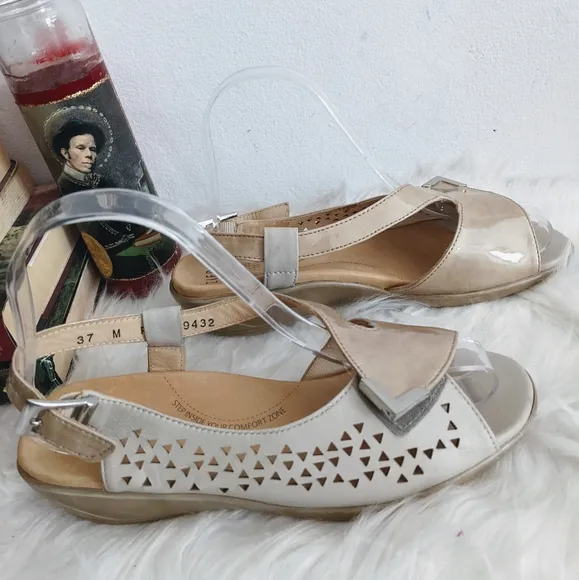 Ziera Dream Comfort Sandals Buff Beige Patent Leather Slingback Wedges