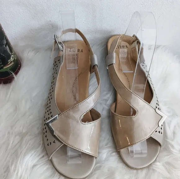 Ziera Dream Comfort Sandals Buff Beige Patent Leather Slingback Wedges
